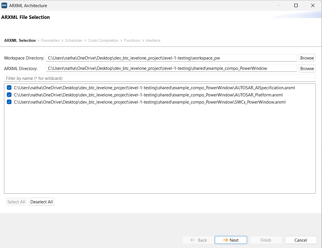 Selecting the AUTOSAR runnable from the .arxml architecture